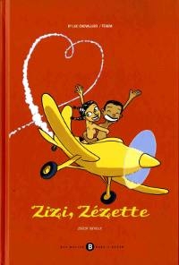 Deux adolescents à bord d'un petit avion jaune dont la fumée dessine un coeur.
