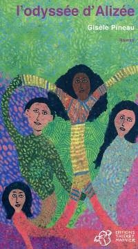 Trois fillettes et un garçon aux cheveux noirs : leur corps dansants sont représentés avec des traits colorés sur un fond vert hachuré.