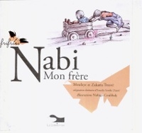 sur un fond blanc, le titre du livre, un enfant poussant un chariot avec un plus petit enfant, papillons