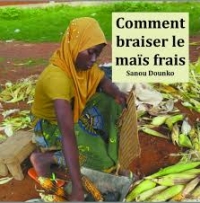 Une fillette africaine accrouîe dans un champ ramasse des épis de maïs
