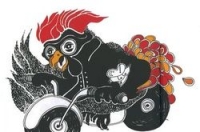 Un coq noir avec une crête rouge roule à toute vitesse à moto.