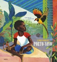 Un jeune garçon noir, qui tient un lance-pierres, regarde un oiseau multicolore.