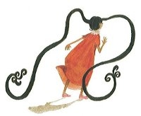 Une fillette habillée de rouge joue avec ses très longues nattes