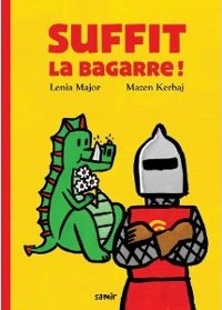 Un chevalier portant un casque, une armure et une toge rouge, et un dragon vert 