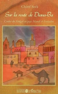 Illustration dans des ton chaudes, une ville avec un minaret, des chameaux en premier plan