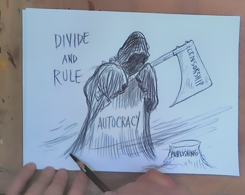 Chris Riddell illustre la discussion depuis son atelier, en visioconférence.