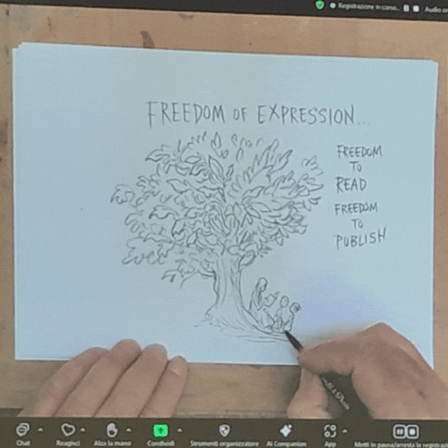 Chris Riddell illustre la discussion depuis son atelier, en visioconférence.