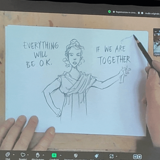 Chris Riddell illustre la discussion depuis son atelier, en visioconférence.