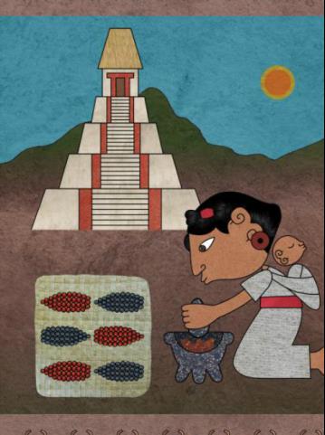 Femme aztèque avec un enfant sur le dos utilisant un molcajete