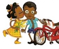 Une fillette embrasse un jeune garçon qui tient un vélo rouge.