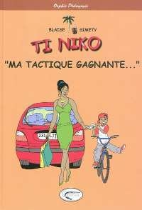 Sur fond orangé se détachent Ti-Niko à vélo, sa mère et une voiture rouge.