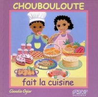 Image encadrée d’une bordure violette : un garçonnet et une fillette portant un tablier goûtent de la nourriture avec leurs cuillères. Devant eux, une table dressée avec toute sorte de nourriture et de gâteaux. 