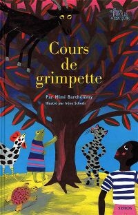 Un garçonnet avec un coq, un iguane, un léopard et une tortue, entourent un arbre et regardent en haute son énorme feuillage multicolore, dans lequel on devine une chèvre.