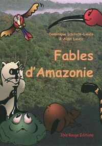 Des dessins d’animaux : un chien crabier, un crapaud, un agouti, un perroquet, le bec d’un oiseau et une queue noire et jaune viennent en surimpression d’une photographie de la forêt amazonienne.