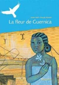 Devant un mur jaune, une fille aux cheveux attachés, dessinée dans des tons  bleus, portant une robe bleue claire, tient une fleur dans la main. En haut, une colombe blanche se détache sur le ciel bleu. 