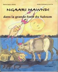 sur la moitié basse de l'image, des taureaux sur un fond bleu dont un taureau principal sur lequel s'appuie un jeune berger; sur la moitié haute, jaune, une grosse mouche et des plus petites devant le soleil