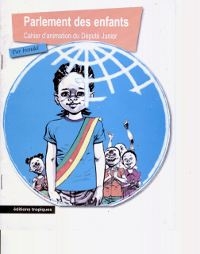 illustration d'une petite fille avec une bande aux couleurs du drapeau du Cameroun et un groupe d'enfants au second plan