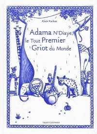 Un dessin bleu monochrome sur fond blanc montre des hommes et des animaux de la forêt, stylisés, qui entourent le tronc d’un grand arbre. Au milieu, un homme assis joue de la kora.