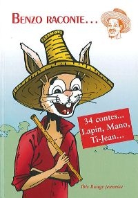 Un lapin portant un chapeau de paille et une chemise rouge sourit.