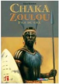 Sur fond crème et gris, un zoulou au regard sévère serre un bouclier éburné et une lance. 