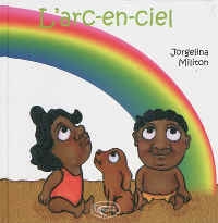 Couverture. Deux enfants assis sur une plage regardent un arc-en-ciel.