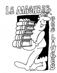 Un homme souriant porte une pile de livres. Dessin en noir et blanc.