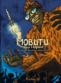 Mobutu en costume orange et de taille surdimensionnée lance une fusée de ses mai