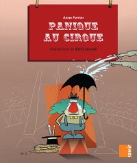 Aspergé d'eau par deux éléphants, un clown triste se protège avec un parapluie.