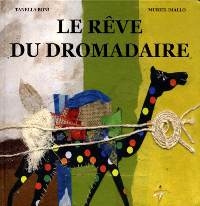 Un patchwork, sur fond de bandes horizontales blanches, vertes et jaunes, qui représente un dromadaire noir, à pois multicolores, croulant sous le poids de nombreux ballots.