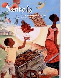 À droite, une femme traîne une brouette en bois ; un garçon la suit en montrant deux pièces dans sa paume. Dans l’air voltigent des fruits. Une poule court. À l’horizon, une famille regarde un garçon accroché à un tapis volant. 