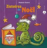 Un caméléon avec un bonnet de Père Noël lit un livre. Sur la couverture de ce li