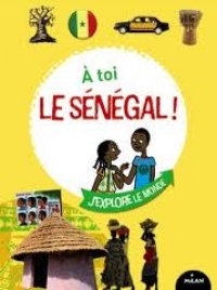 sur fond jaune, un garçon et une fille, une maison villageoise et autres dessins