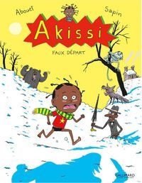 Akissi court terrifiée dans la neige et au fond il y a un monsieur noir, un ours