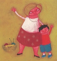 Un grand-mère et son petit-fils font des signes de la main. Un panier plein de pelotes de laine est posé par terre.