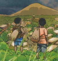 Deux garçons de dos, baluchon à l'épaule, regardent au loin un village dans la v