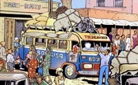 Dessin façon bande dessinée d'un bus à Tombouctou