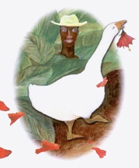 Une oie tient une fleur dans son bec. Derrière un homme noir portant un chapeau.