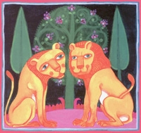 Illustration de deux lions regardant le spectateur. Ils sont placés devant des arbres.