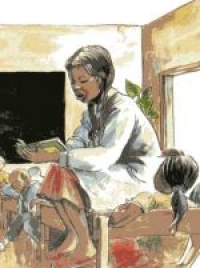 Illustration d'une institutrice avec une longue natte de cheveux noirs fait la lecture à une classe de jeunes élèves. Elle est assise sur un bureau et concentre l'attention des élèves.