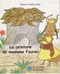 Peinture enfantine d'une fourmi portant une robe jaune et une ceinture en cuir brun.