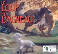 Sous l'ombrage d'un arbre, le loup effrayant, gueule ouverte, se dirige vers le petit agneau