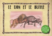 un lion attaquant un buffle, illustration dans couverture ocre