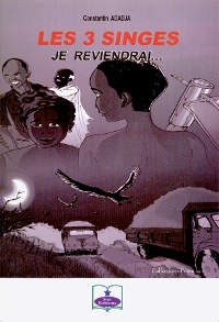 Au-dessus d'une route, éclairée par la lune, sur laquelle roulent deux camions, quatre personnages se détachent sur un fond gris