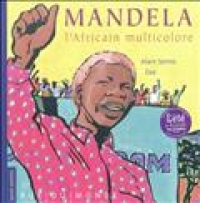 dessin de Mandela avec son bras levé, sur un fond bleu et jaune