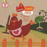 Une poule portant un tablier rose avec un coeur rouge balaie la cour