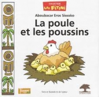 dessin de poule entourée de ses poussins, sur fond beige, frise à gauche