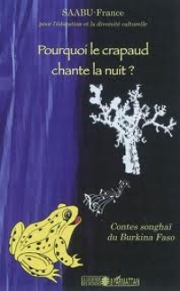 dessin d'un crapaud jaune qui chante et d'un arbre blanc, sur fond bleu et noir