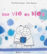 Croquis d'un homme et d'une femme tenant un carré bleu. Des taches bleues parsèm