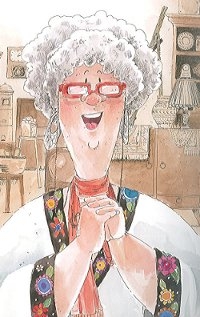 Une grand-mère toute souriante portant un chignon et des lunettes rouges croise