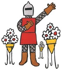 Un chevalier casqué portant une armure et une toge rouge déclame. Bouquets.
